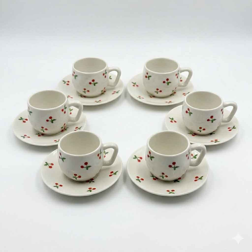 Cherry Pattern Espresso Cup & Saucer Set (1/2 dozen)
